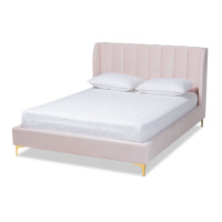 Baxton Studio BBT6765-Light Pink-Queen Saverio Glam and Luxe Light Pink Velvet Fabric Upholstered Queen Size Platform Bed with Gold-Tone Legs